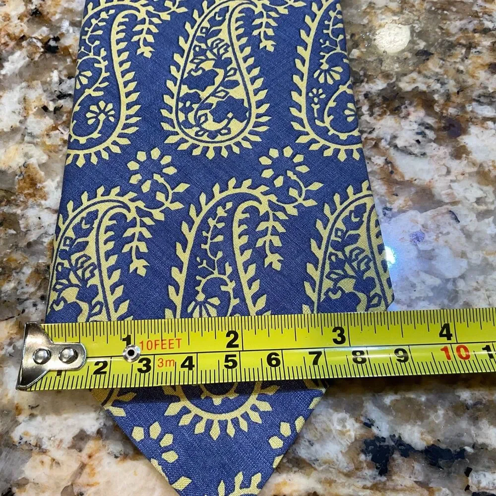 Henry Grethel Mens Large Paisley Silk Neck Tie made in the USA Blue/ Yellow 58”